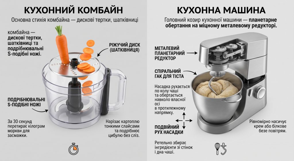 інфографіка різниця кухонна машина та кухонний комбайн
