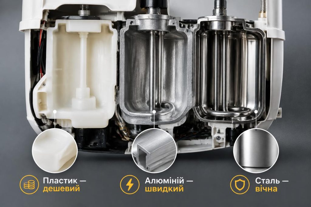 Інфографіка з порівнянням матеріалів бойлера відпарювача: пластик, алюміній та нержавіюча сталь у розрізі з описом переваг