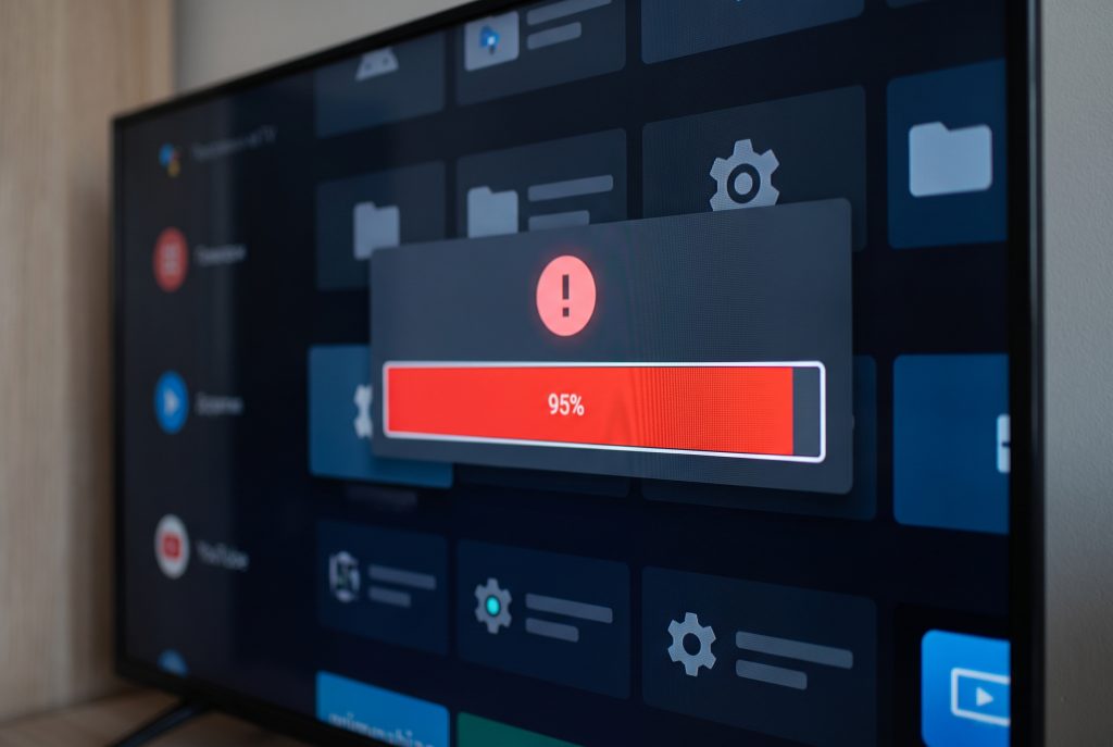 На екрані телевізора відображається системне меню Android TV з червоною смугою заповненого накопичувача та помилкою
